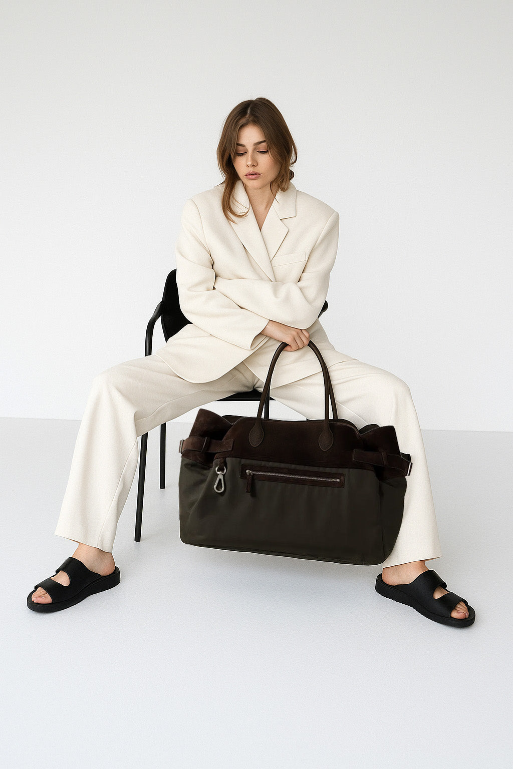 The Row Margaux 17 Inside-Out Buckled Leather Canvas Tote Bag