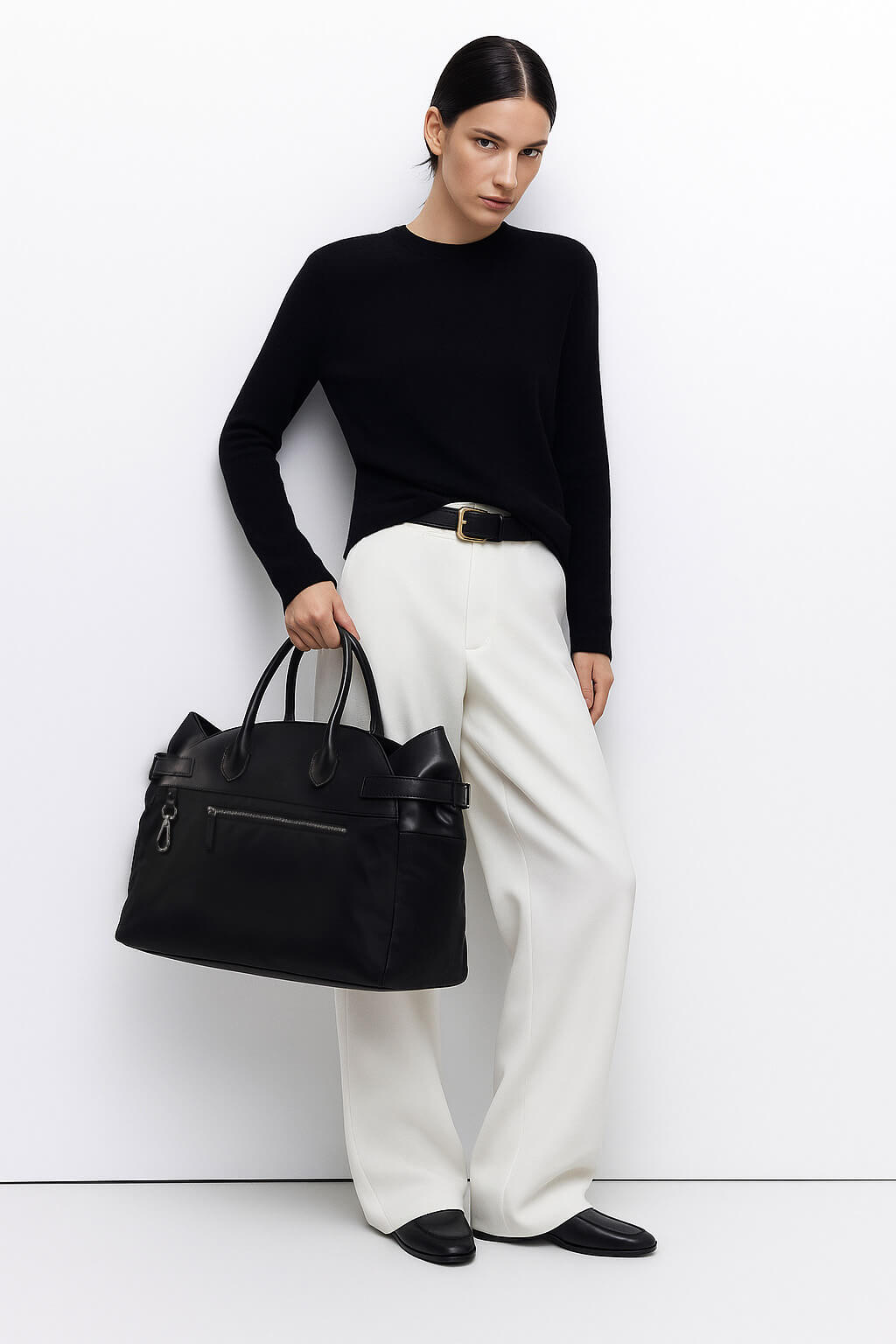 The Row Margaux 17 Inside-Out Buckled Leather Canvas Tote Bag